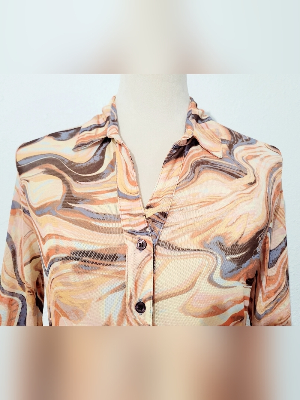 Sheer Blouse Women’s Large Marble Print Button Down Stretch Boho Active USA - Picture 3 of 11